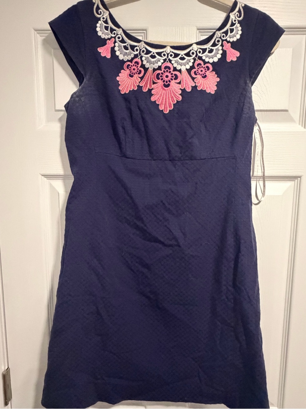 Lilly Pulitzer Navy Embroidered Neck Cap-Sleeve Dress - Pink Accent